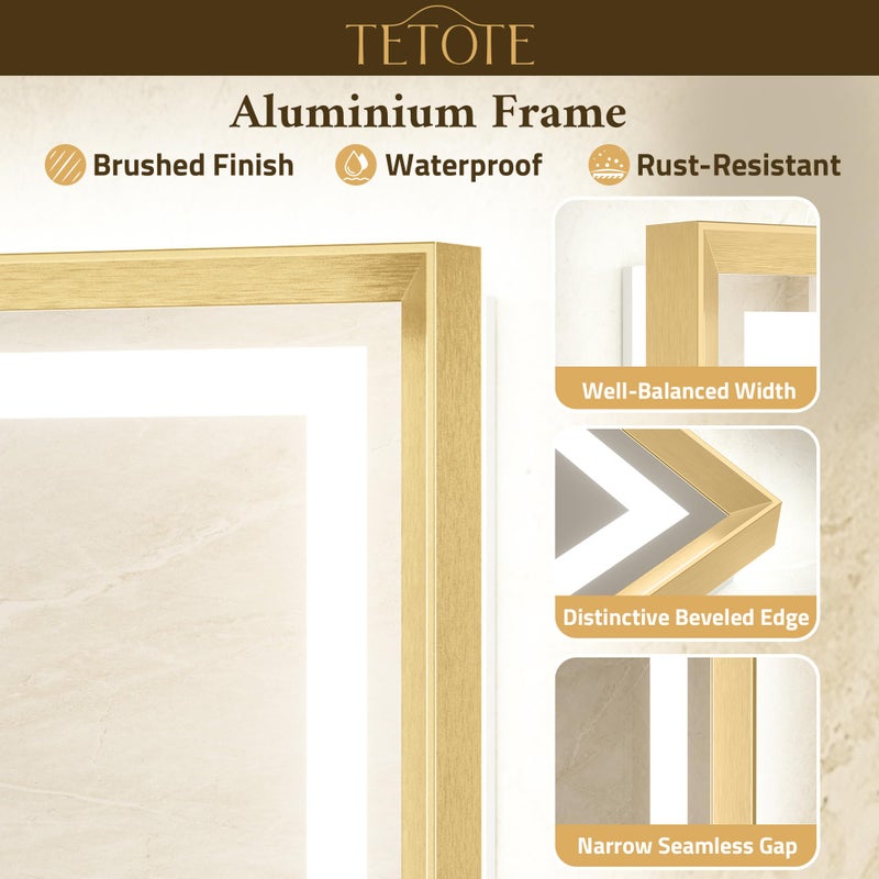 TETOTE 22 x 30 Bathroom LED Mirror Brushed Gold Metal Frame Frontlit & Backlit Vanity Mirror Anti-Fog Stepless Dimmable 3 Colors White/Warm/Natural Mirror with Lights Wall-Mounted - Image 5