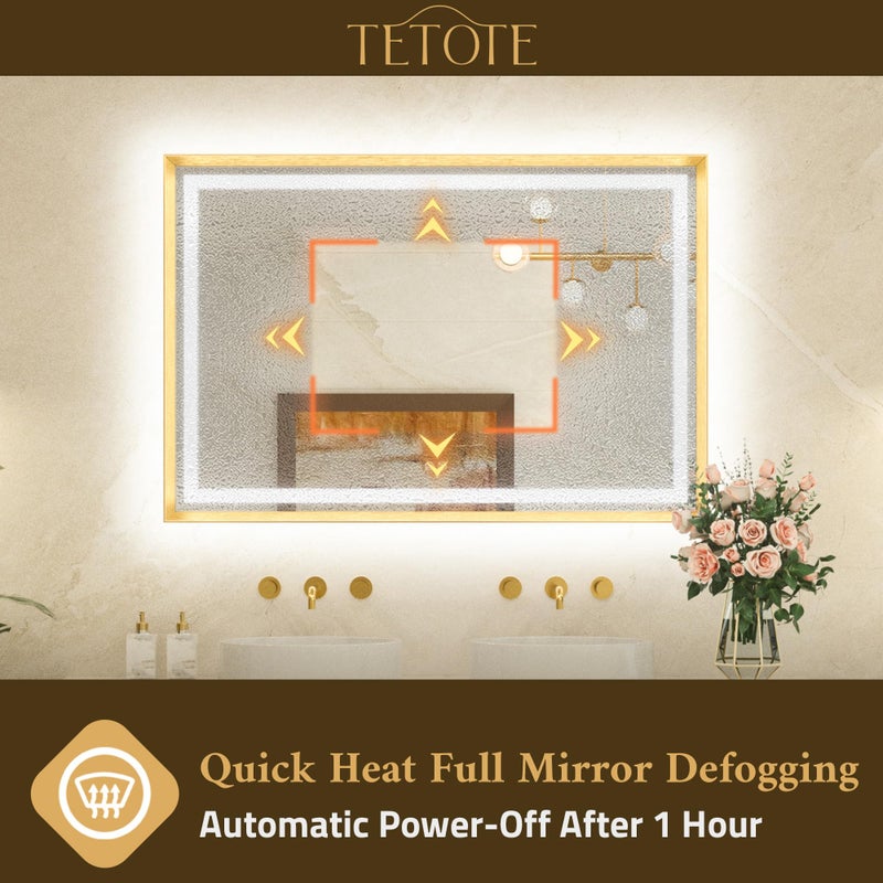 TETOTE 22 x 30 Bathroom LED Mirror Brushed Gold Metal Frame Frontlit & Backlit Vanity Mirror Anti-Fog Stepless Dimmable 3 Colors White/Warm/Natural Mirror with Lights Wall-Mounted - Image 4
