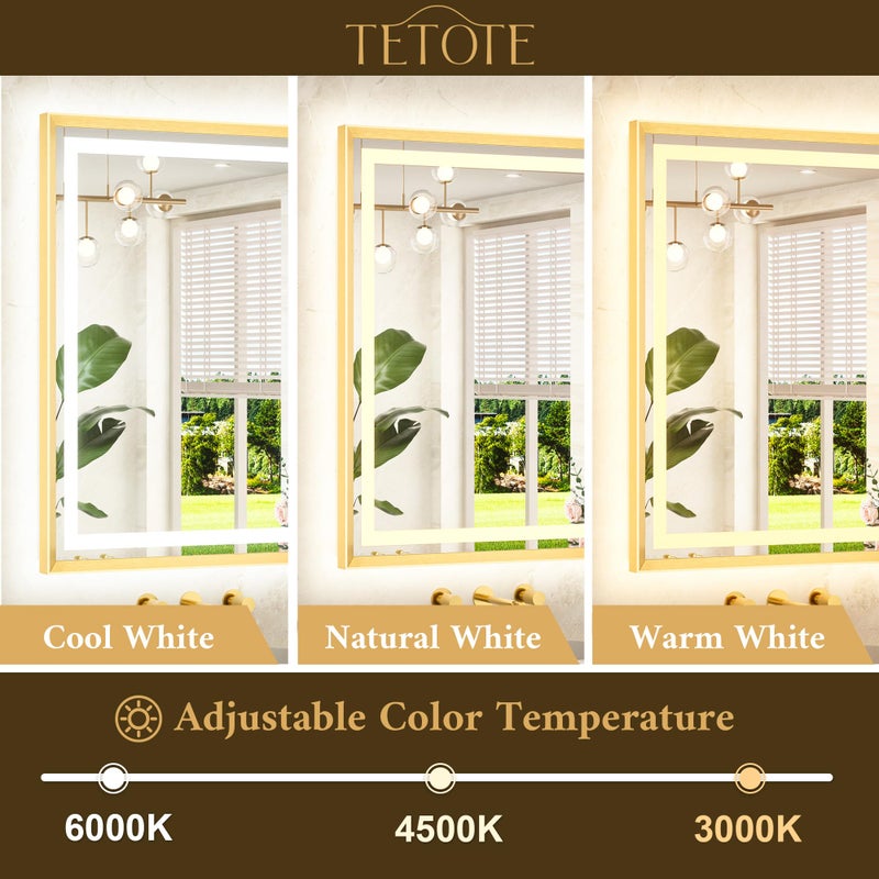 TETOTE 22 x 30 Bathroom LED Mirror Brushed Gold Metal Frame Frontlit & Backlit Vanity Mirror Anti-Fog Stepless Dimmable 3 Colors White/Warm/Natural Mirror with Lights Wall-Mounted - Image 3