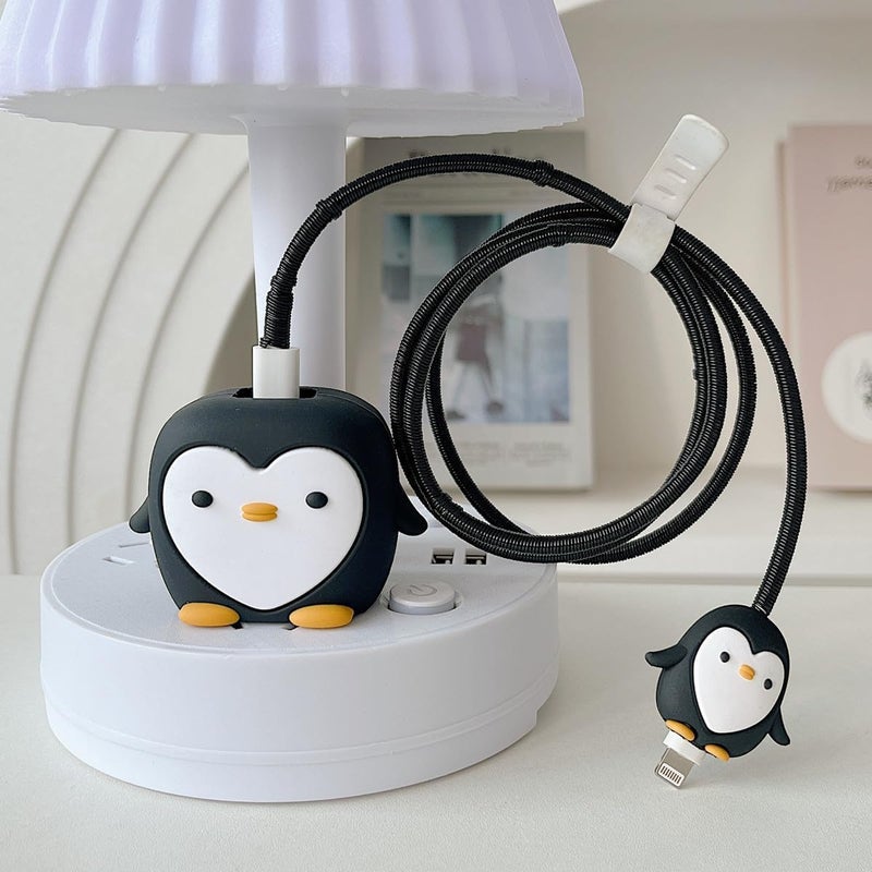 VNJ Accessories 25W Charger Protector for Samsung, Protective Silicone Case Cover 25W Power Adapter Charger with Wire Saver-Black Penguin - Image 3