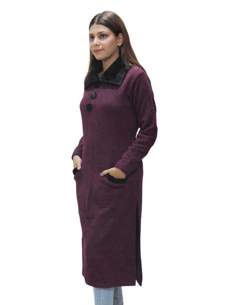 Matelco Women's Wool Straight Kurti for Winters (Ad04Caz45_Large, Wine) - Image 3