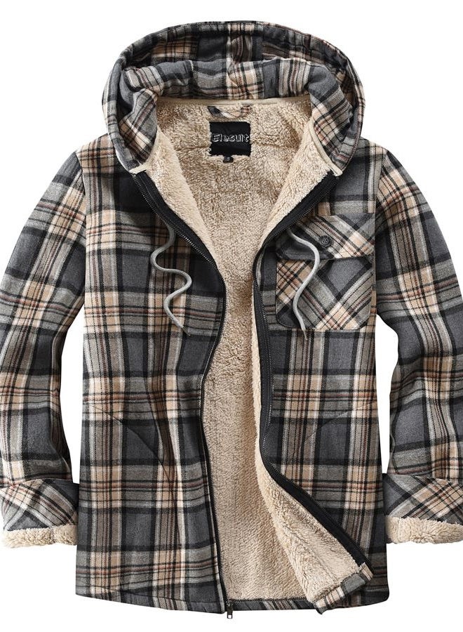 Elesuit Men's Full Zip Fleece Flannel Jackets Shirt Plaid Cotton Hoodies Soft Warm Coat for Men with Hood, Khaki,grey, S - Image 1
