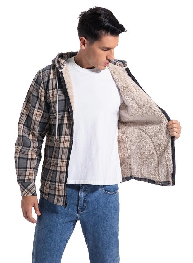 Elesuit Men's Full Zip Fleece Flannel Jackets Shirt Plaid Cotton Hoodies Soft Warm Coat for Men with Hood, Khaki,grey, S - Image 4