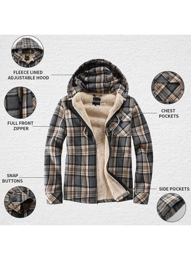 Elesuit Men's Full Zip Fleece Flannel Jackets Shirt Plaid Cotton Hoodies Soft Warm Coat for Men with Hood, Khaki,grey, S - Image 5