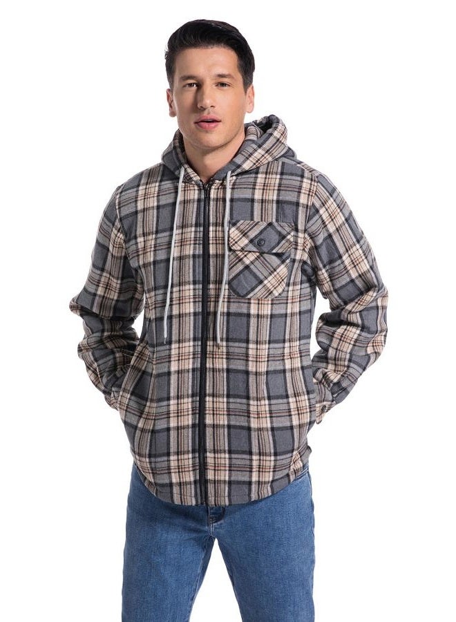 Elesuit Men's Full Zip Fleece Flannel Jackets Shirt Plaid Cotton Hoodies Soft Warm Coat for Men with Hood, Khaki,grey, S - Image 3