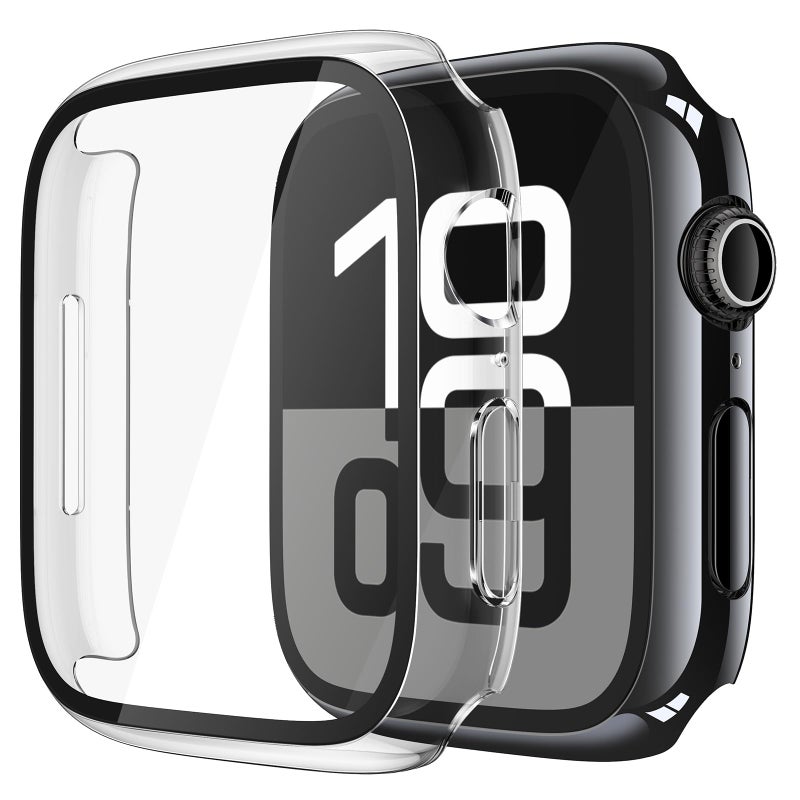 Misxi 2 Pack Tempered Glass Case Compatible for Apple Watch Series 11 (2025) Series 10 46mm, Hard PC Screen Protector Overall Protection Scratch-Resistant Cover for iWatch, 1 Jet Black + 1 Transparent - Image 1