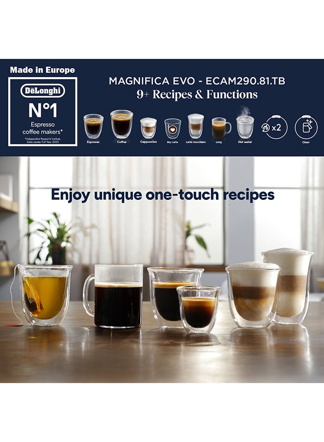 ديلونجي ماكينة قهوة De'Longhi MAGNIFICA EVO الأوتوماتيكية بالكامل من الحبة إلى الكوب، مع أكثر من 12 وظيفة، مثالية لتحضير الإسبريسو، الأمريكانو، الكابتشينو، اللاتيه، الماكياتو، والعديد من وصفات القهوة الأخرى، موديل 1.8 L 1450 W ECAM290.81.TB أسود - Image 3