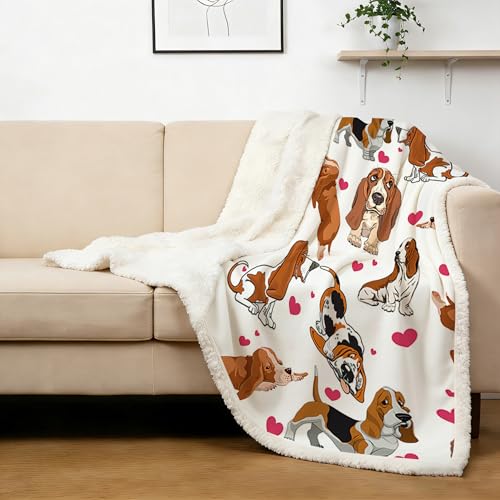 BlessLiving Basset Hound Blanket 50x60 Inches with Red Hearts, 3D Animal Print Plush & Sherpa Dual Sided Throw - Ultra Warm Soft Fleece Blanket for Adults, Kids, Pet Lovers, Cute Dog Gift - Image 1