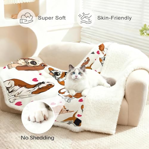 BlessLiving Basset Hound Blanket 50x60 Inches with Red Hearts, 3D Animal Print Plush & Sherpa Dual Sided Throw - Ultra Warm Soft Fleece Blanket for Adults, Kids, Pet Lovers, Cute Dog Gift - Image 2