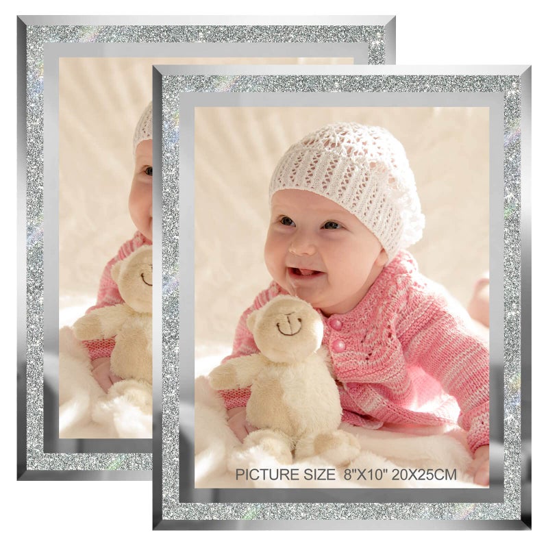 HIKWADERY 8x10 Picture Frames Silver - Set of 2  Sparkle Real Glass 8 by 10 Photo Frame Mirrored Edge Great Gift  for Tabletop or Wall Display (8 x 10  Glitter Silver) - Image 1