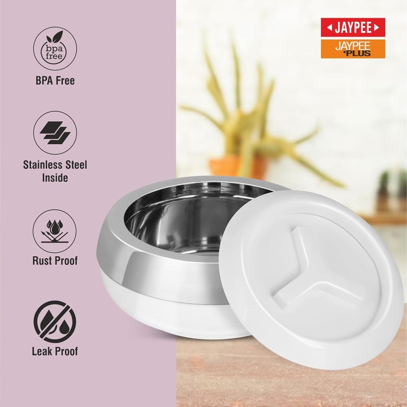 JAYPEE Palazio 800 Ultra Inner Stainless Steel Casserole |Pu Insulated Lockable Lid Food Grade Rustproof Hotbox for Kitchen |Hot Pot for Rice |Stackable |Ideal for Gifting | Capacity 800 ml, White - Image 2