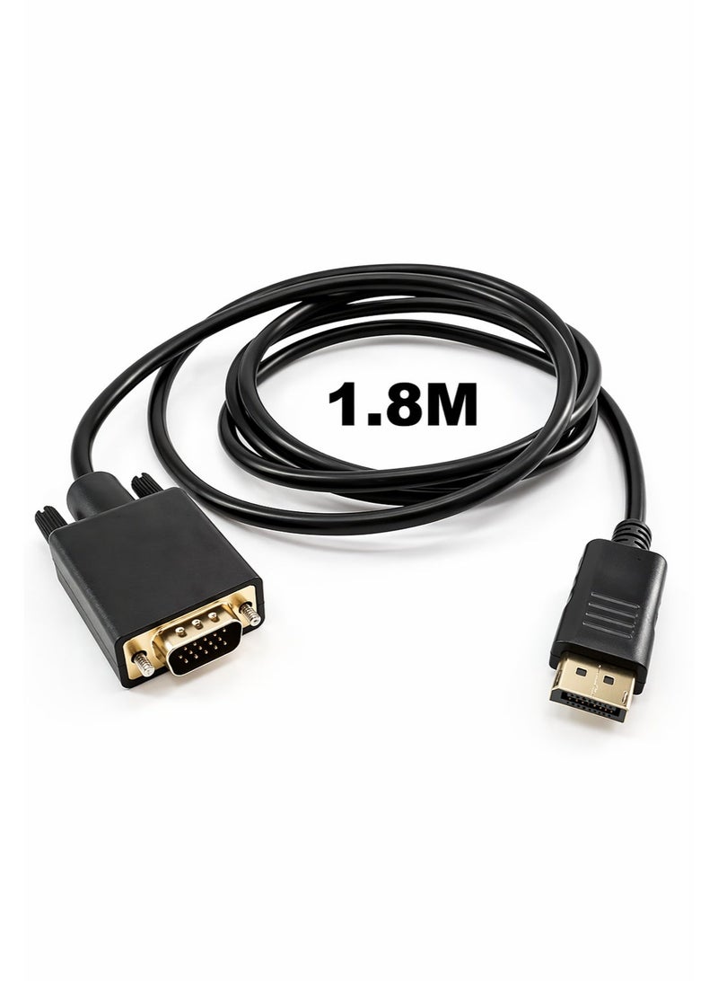 Bright 1.8M DisplayPort to VGA Cable Full HD 1080P – DP to VGA Adapter Cord for PC, Laptop, Monitor & Projector – Black - Image 1