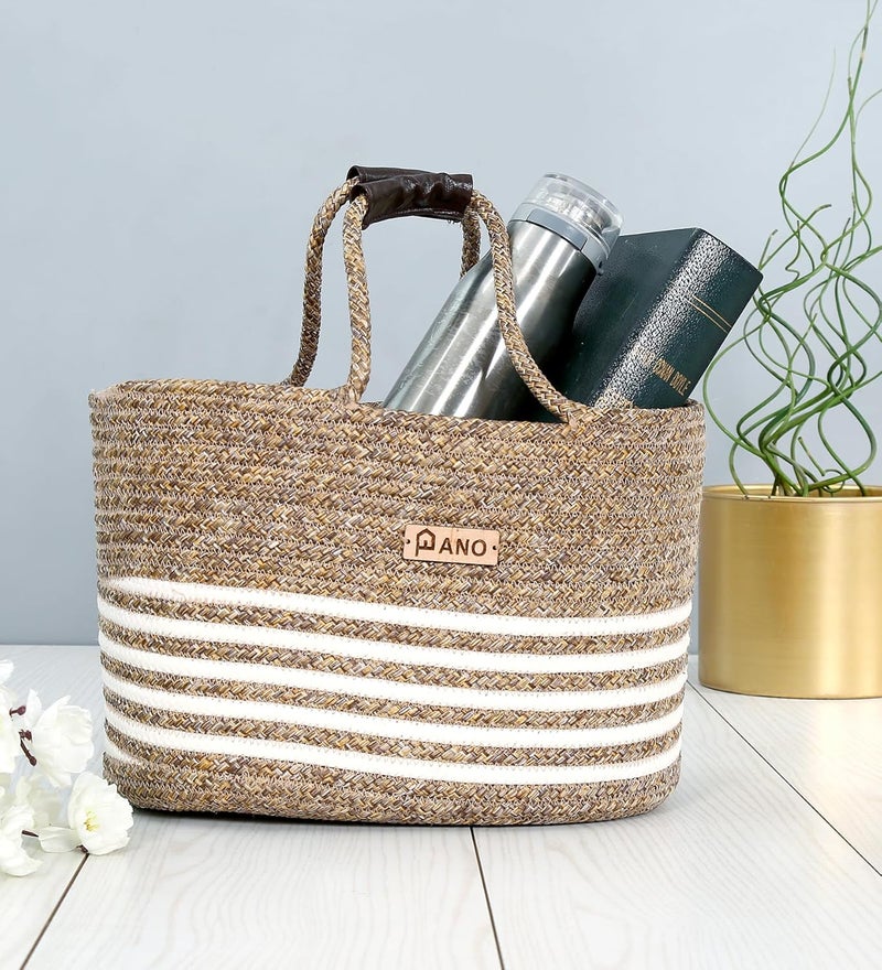 Panço Pano Polypropylene Rectangle Tiffin Basket Carry Bag, Storage Basket, Picnic Basket, Lunch Bag, Tiffin Basket, Handbag For Lunch Box And Water Bottle, (13 X 9 X 9 Inches)- Beige - Image 1