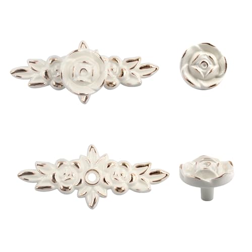 PDETVEO 5PCS Vintage Euro Roses Decorate Drawer Handles with Plates, Ivory White Floral Ivory Drawer Knob, Zinc Alloy Flower Drawer Pulls Handle for Dresser Cupboard (Ivory with Golden) - Image 2