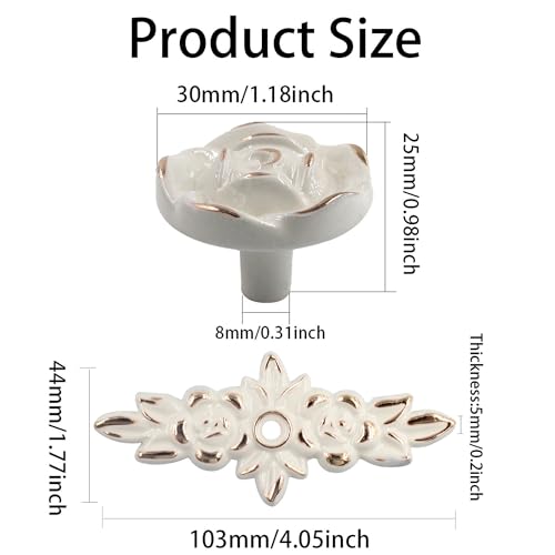PDETVEO 5PCS Vintage Euro Roses Decorate Drawer Handles with Plates, Ivory White Floral Ivory Drawer Knob, Zinc Alloy Flower Drawer Pulls Handle for Dresser Cupboard (Ivory with Golden) - Image 3