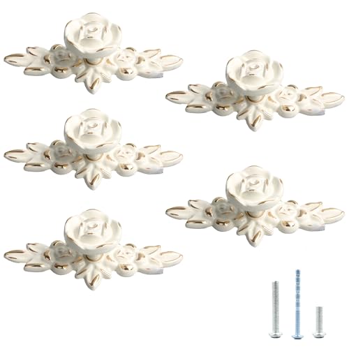 PDETVEO 5PCS Vintage Euro Roses Decorate Drawer Handles with Plates, Ivory White Floral Ivory Drawer Knob, Zinc Alloy Flower Drawer Pulls Handle for Dresser Cupboard (Ivory with Golden) - Image 1