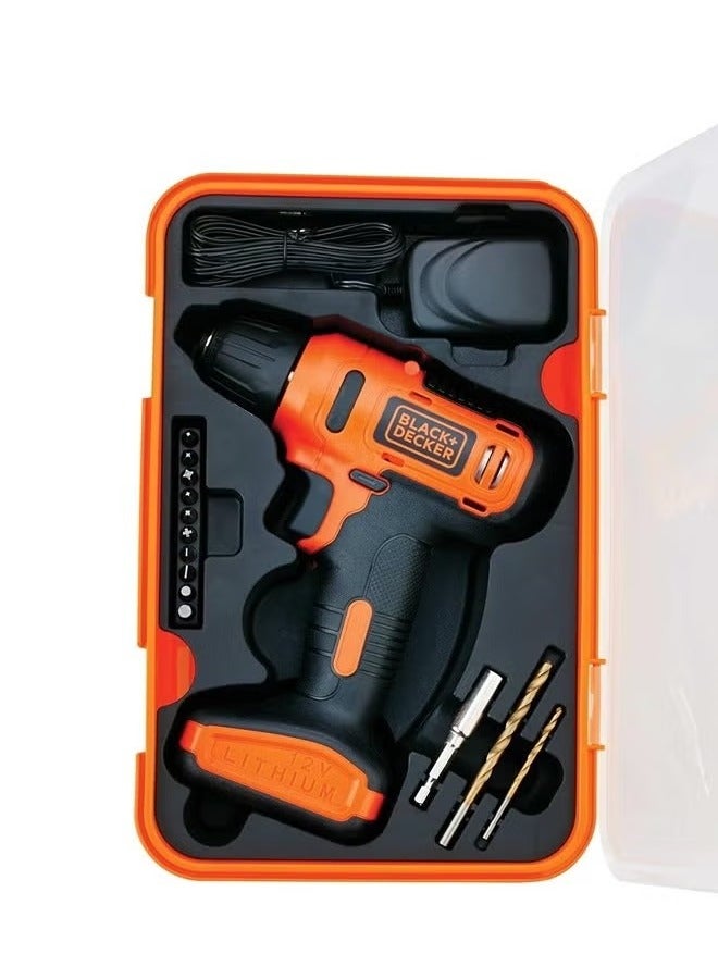 بلاك اند ديكر بلاك+ديكر مثقاب كهربائي لاسلكي 12 فولت مع 13 لقمة في صندوق عدة وشريط قياس 5 متر 1.5 امبير في الساعة 900 دورة في الدقيقة برتقالي/اسود - Image 2