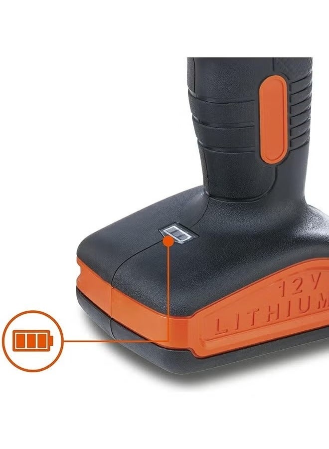 بلاك اند ديكر بلاك+ديكر مثقاب كهربائي لاسلكي 12 فولت مع 13 لقمة في صندوق عدة وشريط قياس 5 متر 1.5 امبير في الساعة 900 دورة في الدقيقة برتقالي/اسود - Image 3