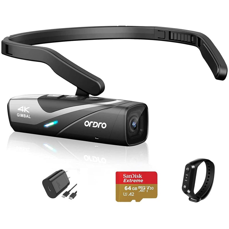 ORDRO EP8 4K HeadMounted Video Camera Ultra HD 4K 60FPS Camcorder Vlog Hands Free Wearable Camera 2Axis Gimbal Video Stabilizer WiFi APP Auto Focus with Remote Control 64G Micro Card