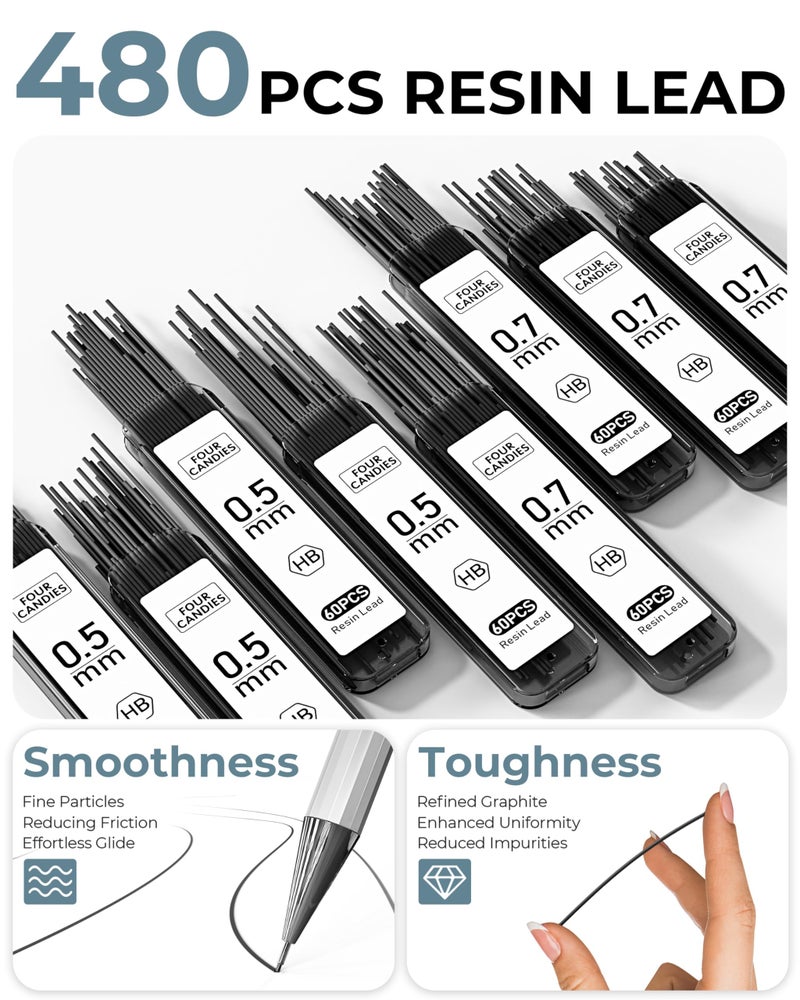 Four Candies 8PCS Metal Mechanical Pencils - 0.5 & 0.7mm with 8 Tubes HB #2 Lead Refills, Eraser Set and Eraser Refills, 20-Count Pack with Case, Lead Pencils Mechanical for Writing, Drawing, Drafting - Image 5