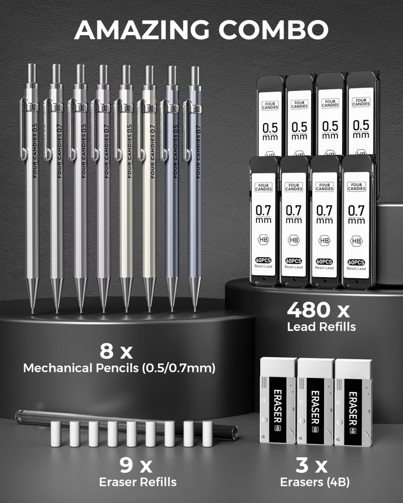 Four Candies 8PCS Metal Mechanical Pencils - 0.5 & 0.7mm with 8 Tubes HB #2 Lead Refills, Eraser Set and Eraser Refills, 20-Count Pack with Case, Lead Pencils Mechanical for Writing, Drawing, Drafting - Image 2