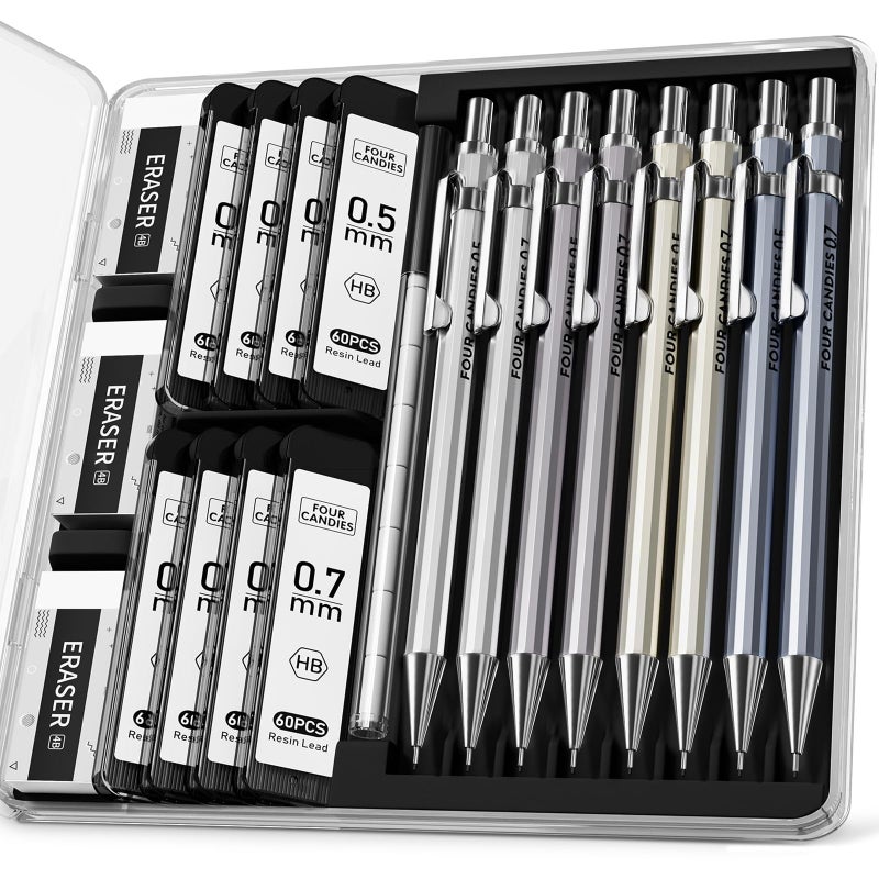 Four Candies 8PCS Metal Mechanical Pencils - 0.5 & 0.7mm with 8 Tubes HB #2 Lead Refills, Eraser Set and Eraser Refills, 20-Count Pack with Case, Lead Pencils Mechanical for Writing, Drawing, Drafting - Image 1
