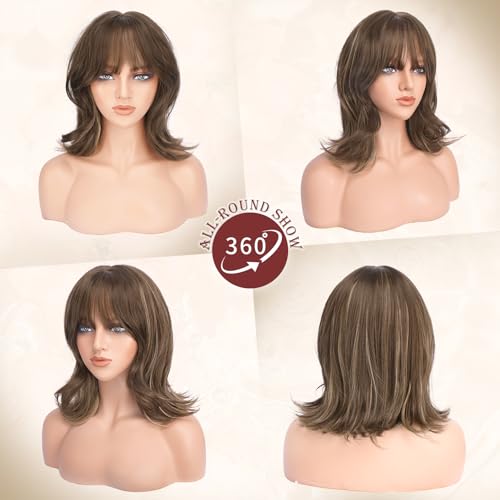 FESHFEN Shoulder Length Bob Wigs with Bangs for Women Brown Mixed Honey Blonde Natural Layered Wavy Synthetic Wig For Daily Party Costume Use 14 Inch - Image 3