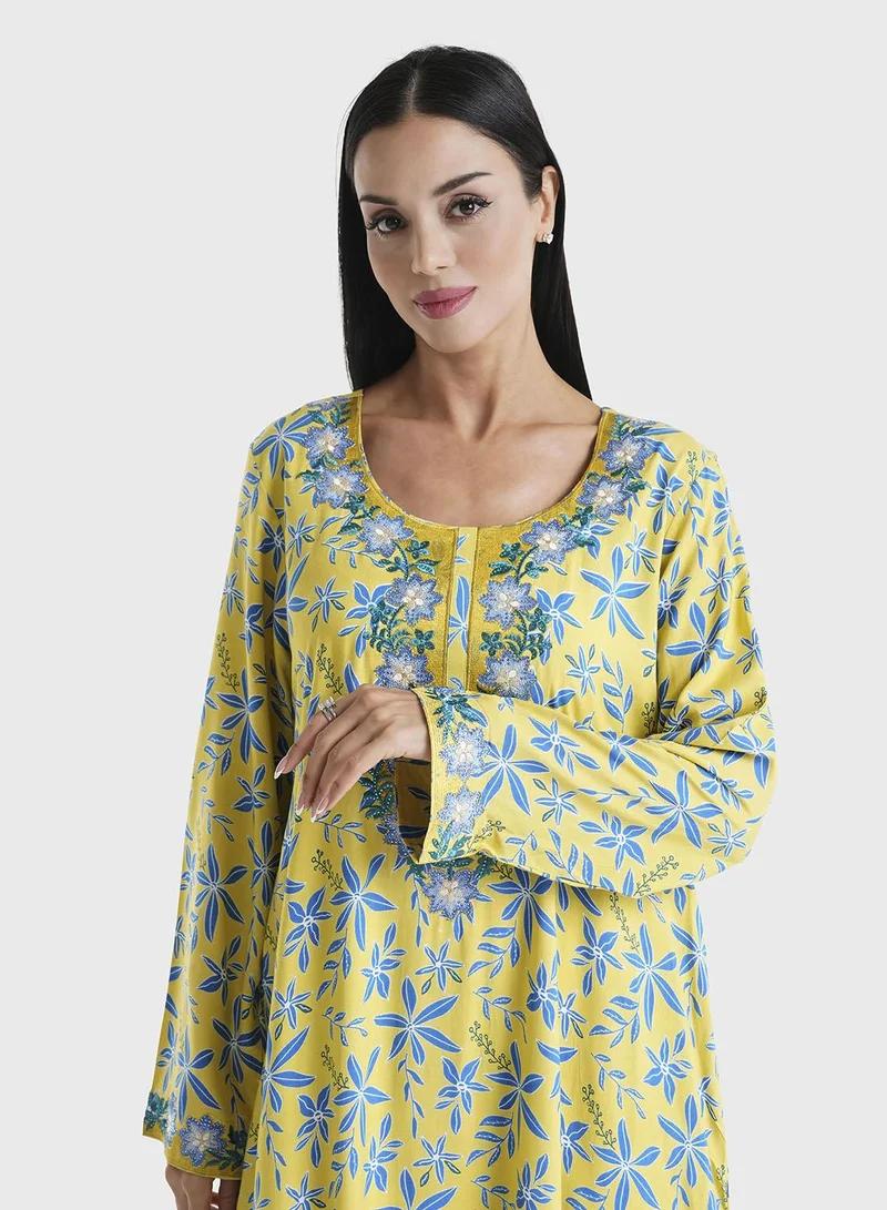 KASHKHA Yellow Floral Printed Rayon Stone Work Jalabiya (VSG221)