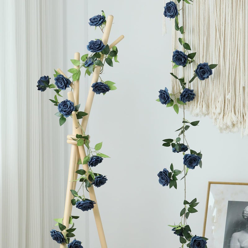 dallisten 2 Strands 73'' Artificial Silk Rose Flower Vines Garland, Fake Roses Floral Green Leaves Hanging Plant for Wedding Arrangement Decoration, Wall, Party, Bedroom, Home Decor (Blue) - Image 5