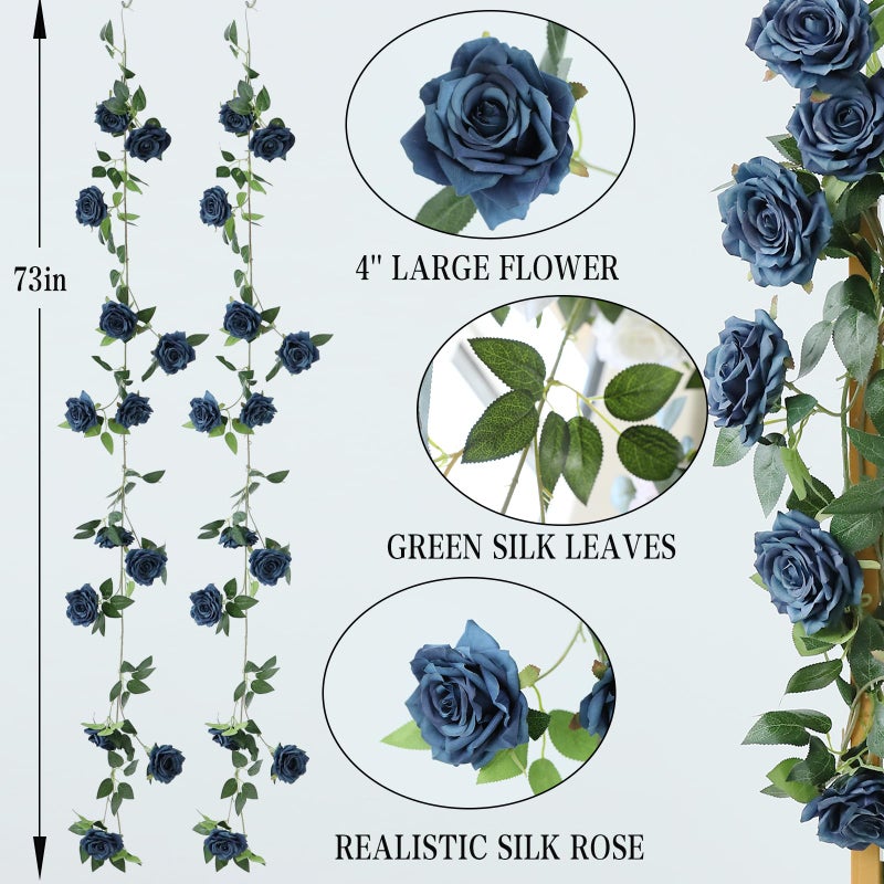 dallisten 2 Strands 73'' Artificial Silk Rose Flower Vines Garland, Fake Roses Floral Green Leaves Hanging Plant for Wedding Arrangement Decoration, Wall, Party, Bedroom, Home Decor (Blue) - Image 2