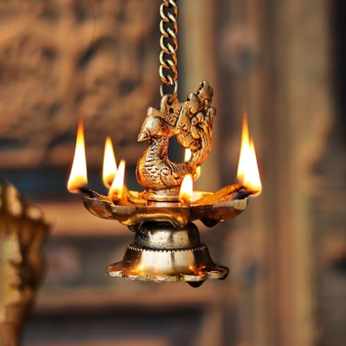 Indian-Shelf Indianshelf 2 Pieces Brass Hanging Diya Mada Vilakku For Home Entrance Brass Decorative Items For Living Room Deepa Hanging Diya For Pooja Room Brass Peacock Hanging Diya Peacock Decoration Items - Image 4
