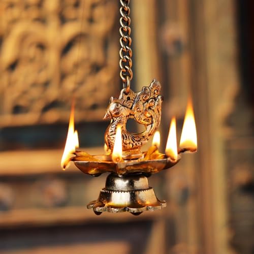 Indian-Shelf Indianshelf 2 Pieces Brass Hanging Diya Mada Vilakku For Home Entrance Brass Decorative Items For Living Room Deepa Hanging Diya For Pooja Room Brass Peacock Hanging Diya Peacock Decoration Items - Image 2