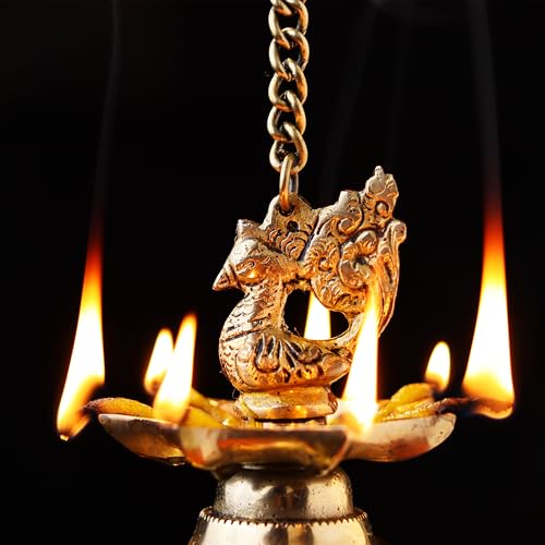 Indian-Shelf Indianshelf 2 Pieces Brass Hanging Diya Mada Vilakku For Home Entrance Brass Decorative Items For Living Room Deepa Hanging Diya For Pooja Room Brass Peacock Hanging Diya Peacock Decoration Items - Image 3