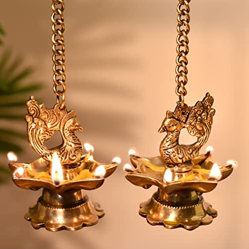 Indian-Shelf Indianshelf 2 Pieces Brass Hanging Diya Mada Vilakku For Home Entrance Brass Decorative Items For Living Room Deepa Hanging Diya For Pooja Room Brass Peacock Hanging Diya Peacock Decoration Items - Image 1