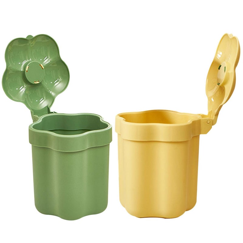 ABOOFAN 2pcs Mini Waste Bucket with Lid, Flower Desktop Trash Can Set for Home Office, Small Plastic Tabletop Garbage Bin in Green and Yellow for Bedroom Storage - Image 5