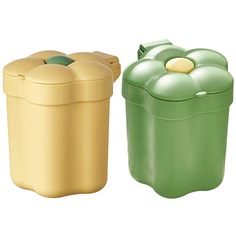 ABOOFAN 2pcs Mini Waste Bucket with Lid, Flower Desktop Trash Can Set for Home Office, Small Plastic Tabletop Garbage Bin in Green and Yellow for Bedroom Storage - Image 1