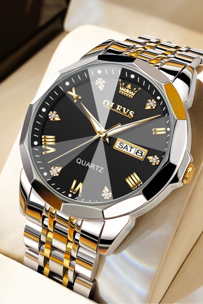 أوليفز ساعة كوارتز رجالية فاخرة للأعمال، مزودة بتقويم مزدوج ومينا مرصع بالألماس، مقاومة للماء، وحزام من الفولاذ المقاوم للصدأ. - Image 2