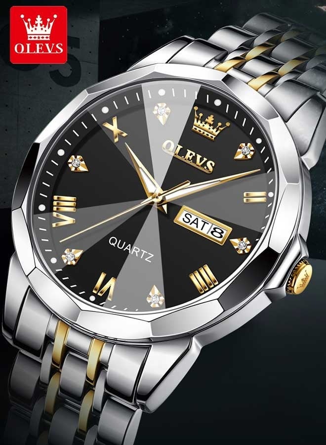 أوليفز ساعة كوارتز رجالية فاخرة للأعمال، مزودة بتقويم مزدوج ومينا مرصع بالألماس، مقاومة للماء، وحزام من الفولاذ المقاوم للصدأ. - Image 1