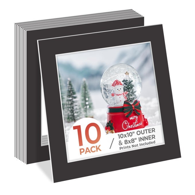 10x10 Photo Mat with White Core Bevel Edge 75x75 Openings Acid Free Framing Matte for 8x8 Pictures 4ply Thick Black Paper Mats Pack of 10