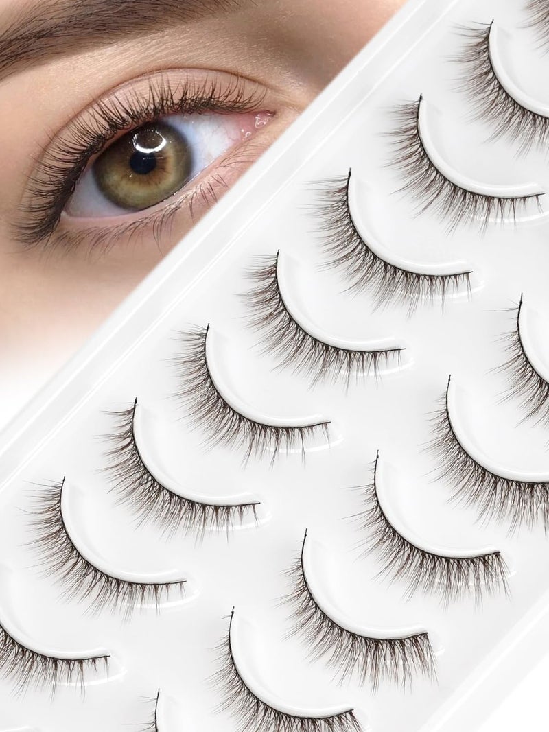 EMEDA Natural Dark Brown False Eyelashes 10mm 3D Brown False Lashes Soft Natural Looking Cat Eye Wispy Strip Lashes (R105-BROWNï¼‰ - Image 1