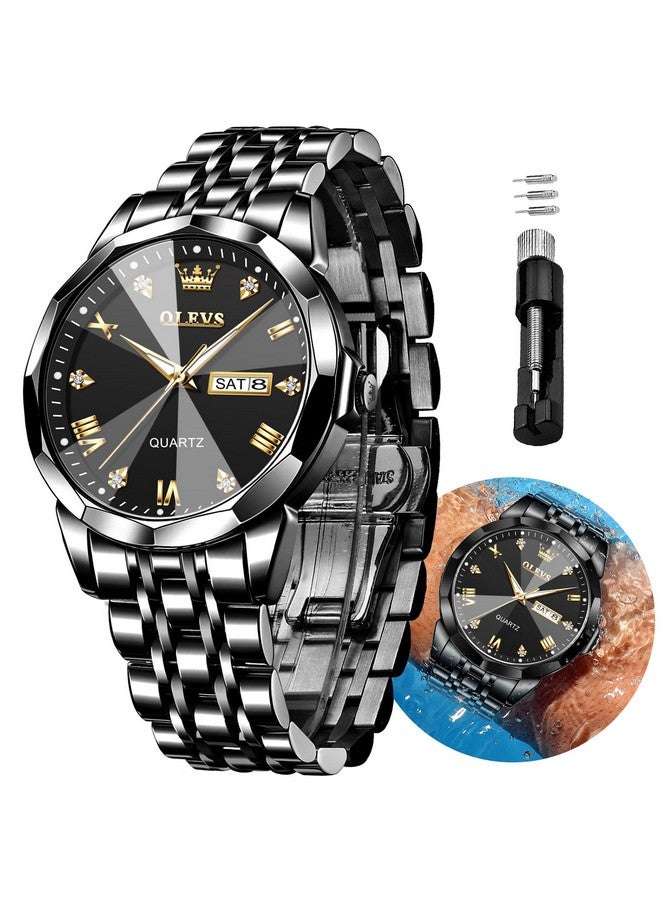أوليفز ساعة OLEVS للرجال من الألماس بسوار من الستانلس ستيل المقاوم للماء ومزودة بسوار من الألماس وسوار من الكوارتز مع تاريخ مضيء وساعة يد كاجوال فاخرة بلونين - Image 1