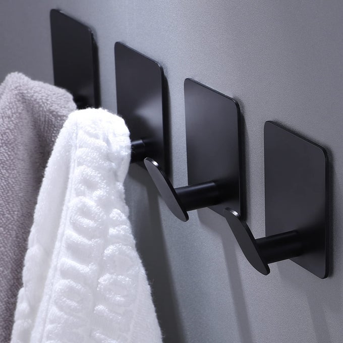 ADHESIVE HOOKS 4 PACK TOWELCOAT HOOKS WALL HOOK STICK ON BATHROOM OR KITCHEN MATTE BLACK STAINLESS STEEL
