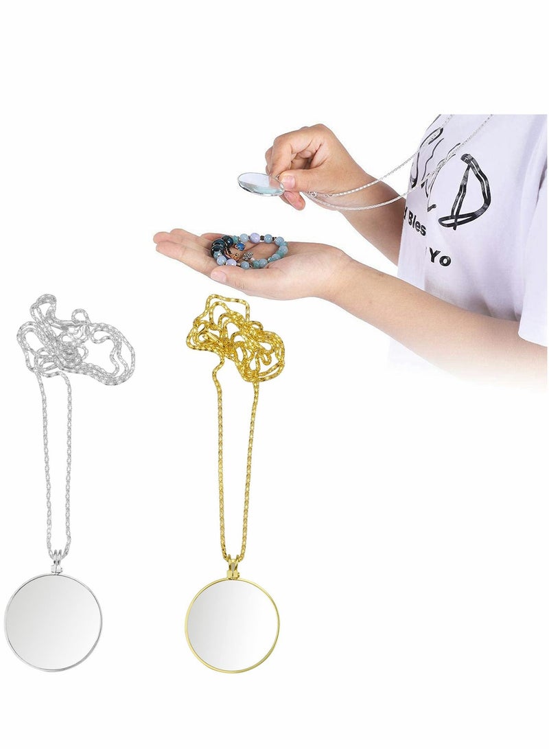 Excefore Necklace Magnifying Glass, 2 Pcs 5X Hanging Magnifier, Fashion Decoration Optical Magnifier with Chain Mini Portable Loupe Glass for Reading, Senior, Low Vision, Father Gift(Gold, Sliver) - Image 1