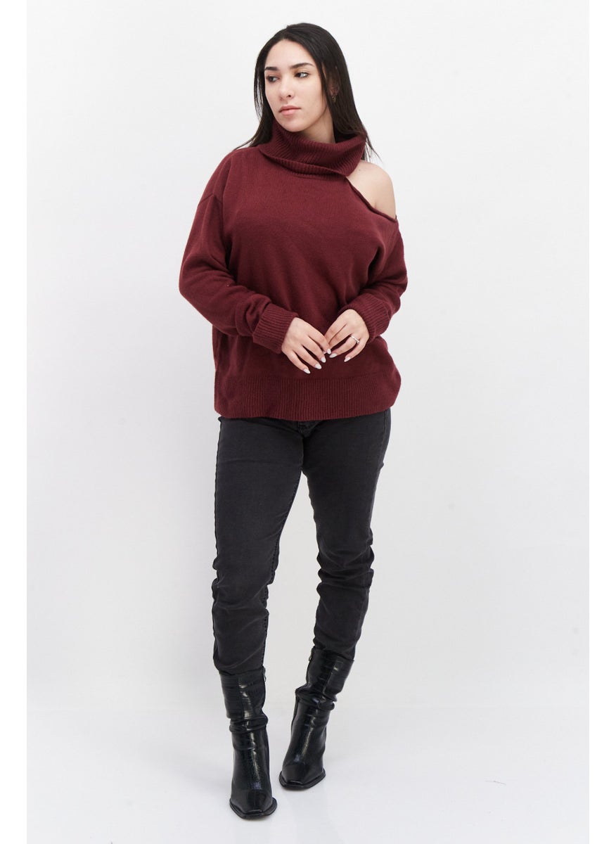 1 State Women Turtle Neck Knitted Sweater, Maroon  - Image 3