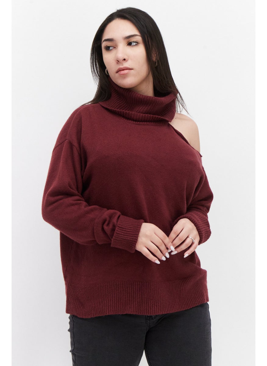 1 State Women Turtle Neck Knitted Sweater, Maroon  - Image 1