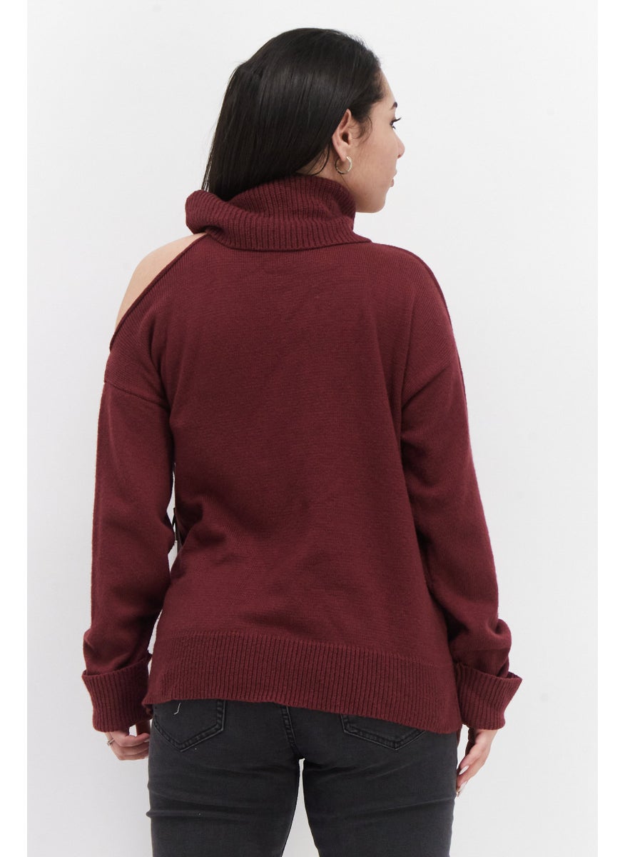 1 State Women Turtle Neck Knitted Sweater, Maroon  - Image 2