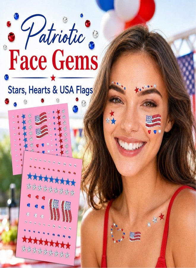 Paminify 4th of July Glitter Star Flag Face Hair Gems, 374 Pcs Red White Blue Glitter for Patriotic Fourth of July Celebrations, Self Adhesive Rhinestone Stickers,Independence Day Star Jewels,2 Sheets - Image 2