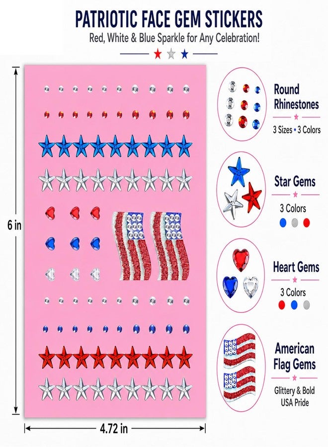 Paminify 4th of July Glitter Star Flag Face Hair Gems, 374 Pcs Red White Blue Glitter for Patriotic Fourth of July Celebrations, Self Adhesive Rhinestone Stickers,Independence Day Star Jewels,2 Sheets - Image 4