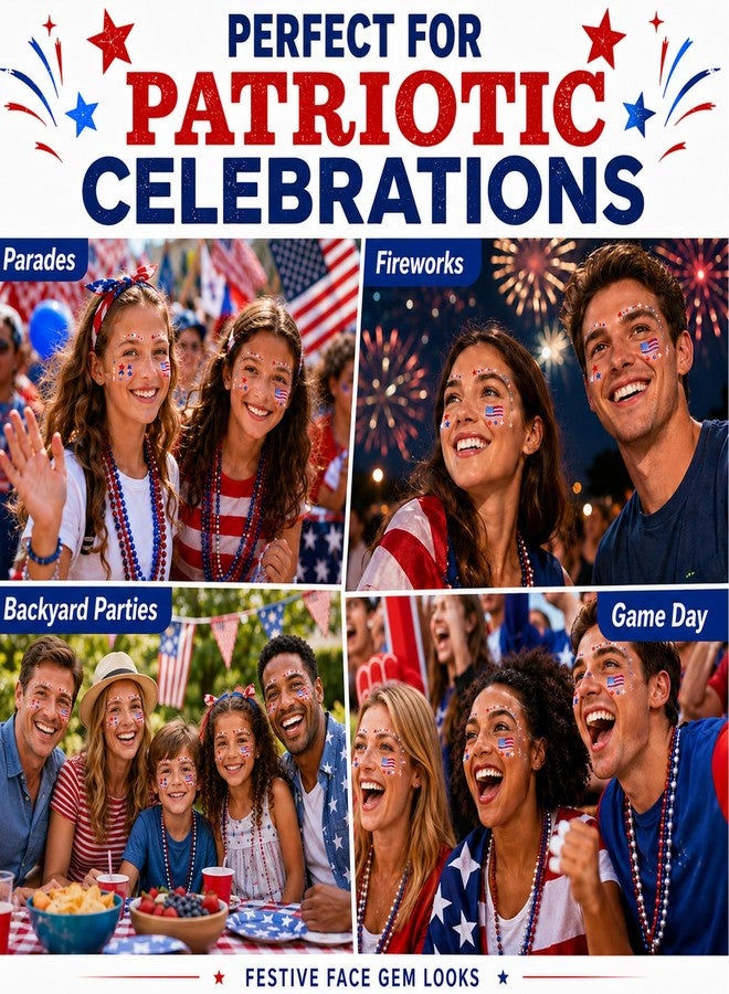 Paminify 4th of July Glitter Star Flag Face Hair Gems, 374 Pcs Red White Blue Glitter for Patriotic Fourth of July Celebrations, Self Adhesive Rhinestone Stickers,Independence Day Star Jewels,2 Sheets - Image 5