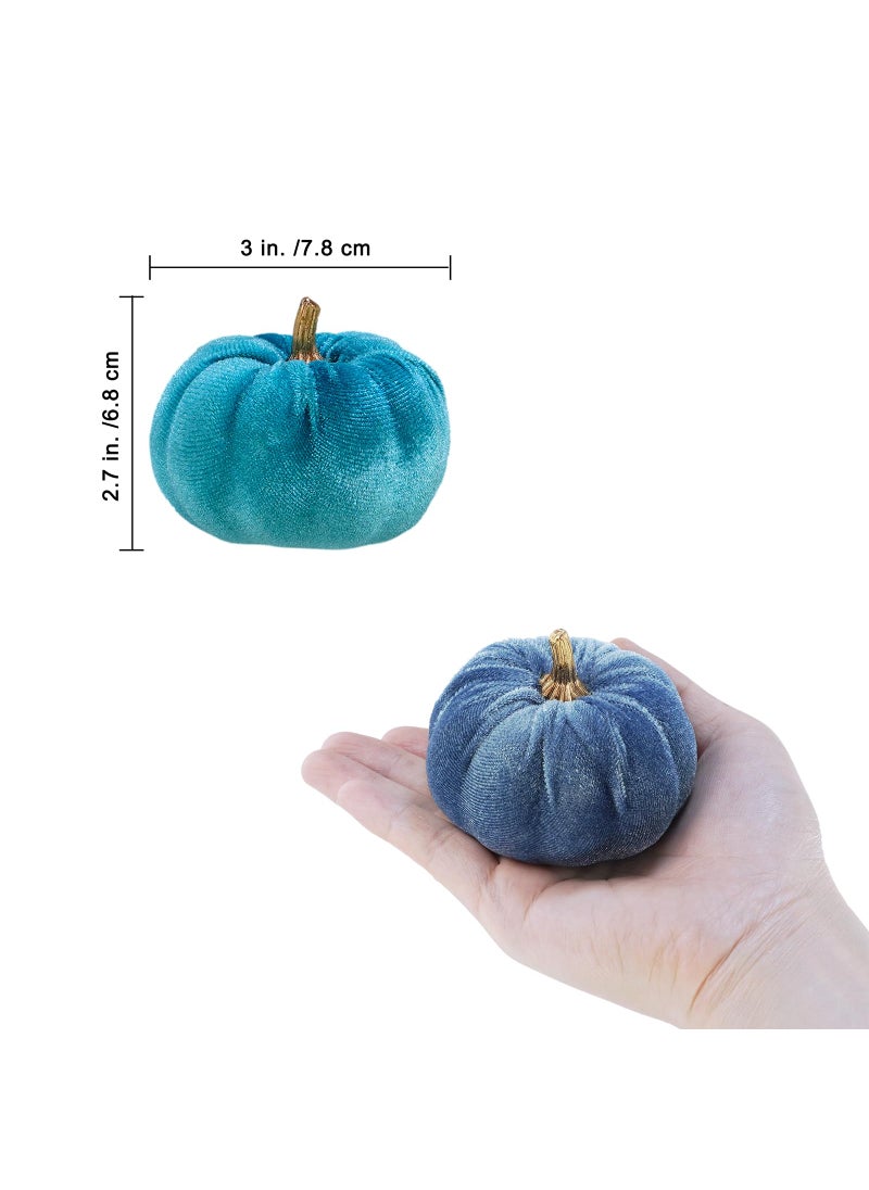 Winlyn Winlyn 12 Pcs Assorted Small Faux Velvet Pumpkins Decorative Teal Blue Green Turquoise Fabric Pumpkins Foam Pumpkins 3"" for Farmhouse Fall Wedding Halloween Thanksgiving Table Centerpiece Mantel Decor  - Image 2